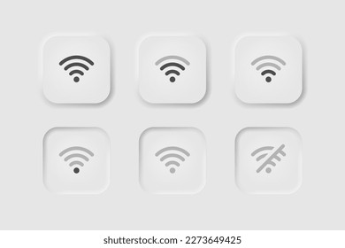Wi fi icon set in neumorphism style. Editable stroke. Icons for business, white UI, UX. Internet symbol. Wireless, no signal, remote access. Neumorphic style. 
