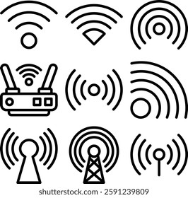 Wi Fi icon set. Wireless device connection sign illustration and signal symbol.