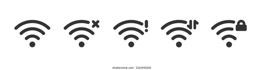 Wi Fi icons set - blocked, data transmission, network error. Wifi signal status icons. Wireless internet connection signal. Vector illustration isolated on white background.