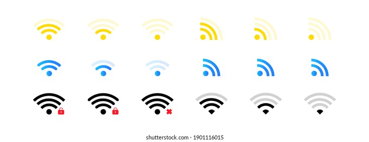 Wi fi icons set. WiFi zone sign. Wireless connection. Remote access and radio waves. Vector EPS 10. Isolated on white background