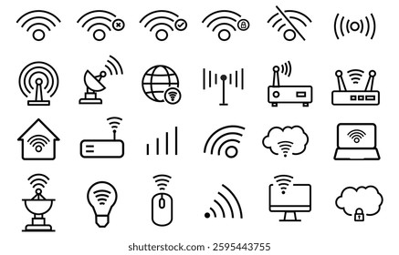 Wi Fi icons set, wireless technology symbol vector editable stroke 