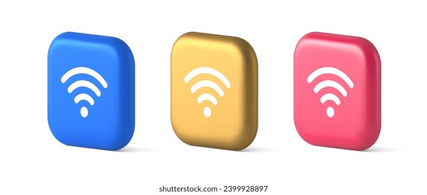 Wi fi internet connection button high speed wireless cyberspace digital network 3d realistic blue gold and pink icons. Wifi zone remote technology digital access user panel emblem