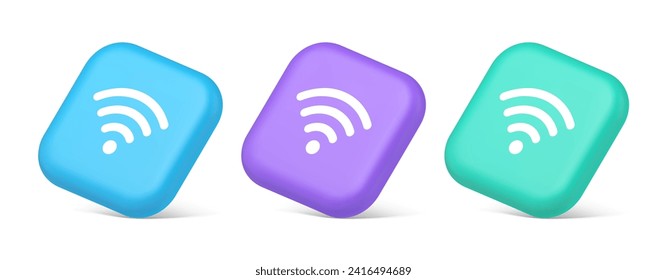 botón Wi fi de conexión a internet de alta velocidad red inalámbrica ciberespacio digital 3d iconos reales azul morado y verde. emblema del panel de usuarios de la tecnología de acceso digital de la zona wifi