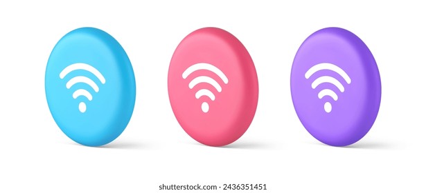 Wi fi internet connection button high speed wireless cyberspace digital network 3d realistic blue pink and purple icons. Wifi zone remote technology digital access user panel emblem