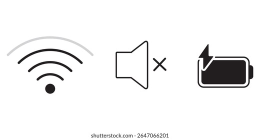 Wi fi, mute and battery charging icon. Taskbar icon.