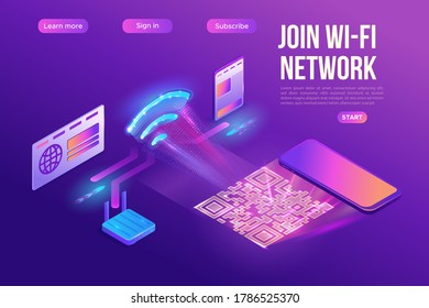 Wi fi network join by QR code, wireless technology connection with computer, smartphone and laptop, 3s isometric infographic vector illustration, purple gradient concept, landing page template
