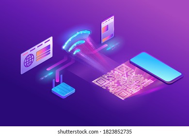 Wi fi network join by QR code, wireless  technology connection with computer, smartphone and laptop, 3s isometric infographic vector illustration, purple gradient concept