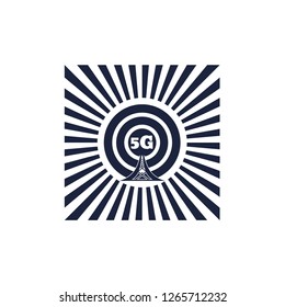 Wi Fi Network Symbol . Mobile gadgets technology relative vector image. Sun rays background. 5G text