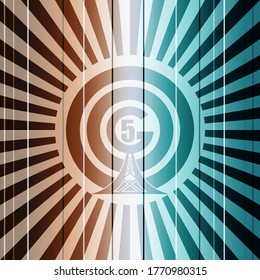 Wi Fi Network Symbol . Mobile gadgets technology relative vector image. Sun rays background. 5G text