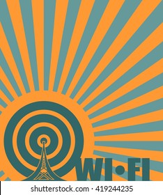 Wi Fi Network  Symbol . Mobile gadgets technology relative vector image.Wi fi text on sun rays background