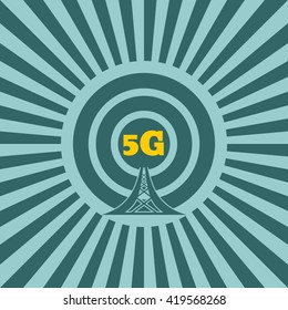 Wi Fi Network  Symbol . Mobile gadgets technology relative vector image. Sun rays background. 5G text