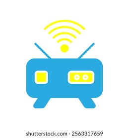 Wi Fi rauter solid blue and yellow icon with radio wave signal vector illustration background.