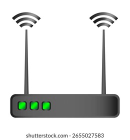 Roteador Wi-Fi. Dispositivo de antena dupla. Luzes indicadoras da rede. Gráfico vetorial da Internet.