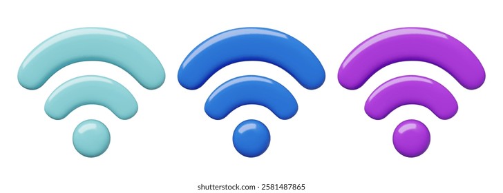 Wi Fi signal 3d vector icons set. Blue and purple wireless internet connection realistic three dimensional illustration isolated on white background.