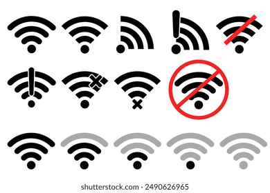 Wi Fi signal icons. Network connection symbols. Vector wireless icons. Black and red design.