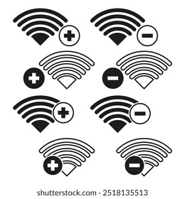 Ícones de sinal Wi-Fi. Símbolos de adição e subtração. Conceito de rede sem fio. Vetor preto e branco.