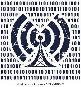 Wi Fi Symbol icon. Mobile gadgets technology relative image. Silhouette textured by lines and dots pattern. Binary code on backdrop