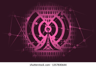 Wi Fi Symbol icon. Mobile gadgets technology relative image. Silhouette textured by lines and dots pattern. Binary code on backdrop