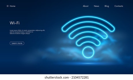 Wi Fi symbol, wireless networking digital hi tech innovation concept, free internet zone and hotspot, futuristic technology with blue neon glow in the smoke, vector business background