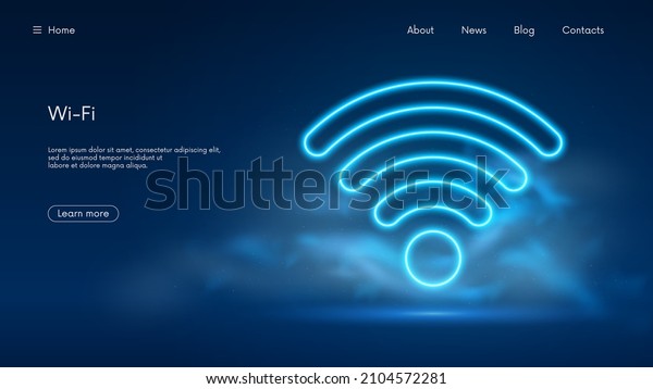 Wi Fi\
symbol, wireless networking digital hi tech innovation concept,\
free internet zone and hotspot, futuristic technology with blue\
neon glow in the smoke, vector business\
background