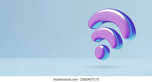 Wi Fi technology background 3d vector illustration with purple holographic wireless internet connection symbol on blue.