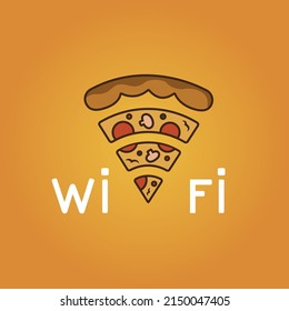 Wi fi text and pizza slice on yellow background. Vector illustration.