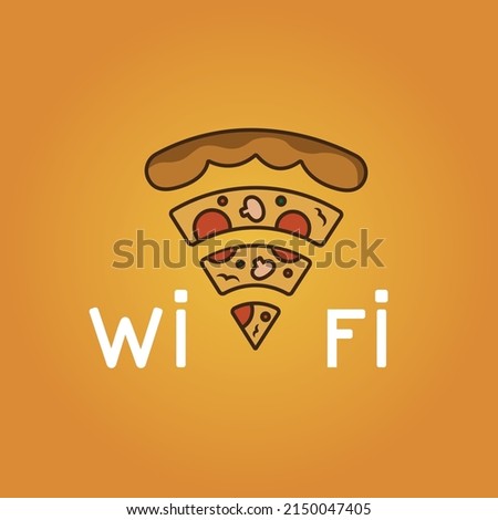 Wi fi text and pizza slice on yellow background. Vector illustration.