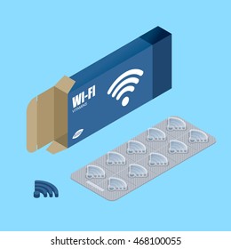 Wi Fi vitamins. Tablets in pack. Natural products for wireless transmission of Internet. Wifi pill. Technology Medicine. Medical drugs