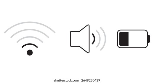 Wi fi, volume and battery icon. Wi fi icon. Volume icon. Battery icon.