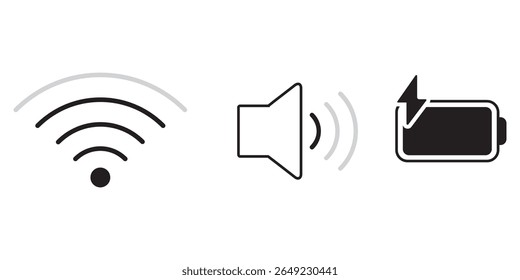 Wi fi, volume and battery icon. Wi fi icon. Volume icon. Battery icon.