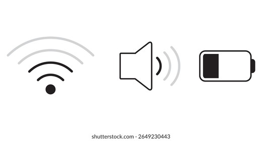 Wi fi, volume and battery icon. Wi fi icon. Volume icon. Battery icon.