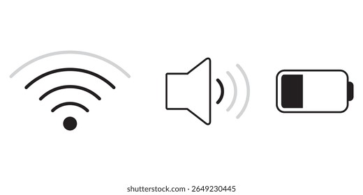 Wi-Fi, ícone de volume e bateria. Ícone Wi-Fi. Ícone Volume. Ícone Bateria.