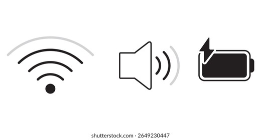 Wi fi, volume and battery icon. Wi fi icon. Volume icon. Battery icon.