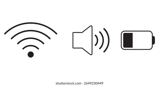 Wi fi, volume and battery icon. Wi fi icon. Volume icon. Battery icon.