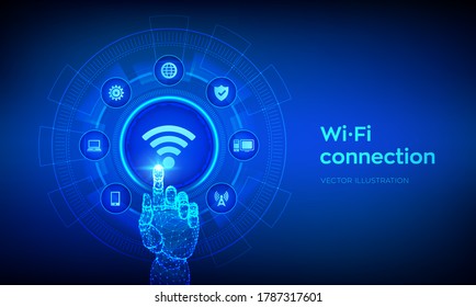 Wi Fi wireless connection concept. Free WiFi network signal technology internet concept. Mobile connection zone. Data transfer. Robotic hand touching digital interface. Vector illustration.