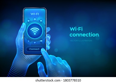 Wi Fi wireless connection concept. Free WiFi network signal technology internet concept. Closeup smartphone in wireframe hands. Mobile connection zone. Data transfer. Vector illustration.