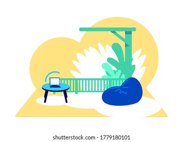 Wi fi zone flat concept vector illustration. Laptop with wireless connection. Internet signal. Patio for relaxation 2D cartoon illustration for web design. Rest area with couch creative idea