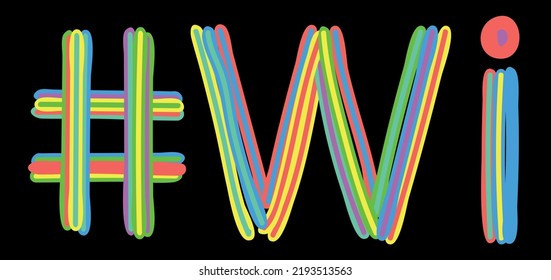 WI Hashtag. Multicolored bright isolate curves doodle letters like from marker, oil paint. #WI is abbreviation for the USA state Wisconsin for social network, web resources, mobile apps.