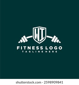 WI initial monogram for fitnes or gym logo with creative shield and barbell design