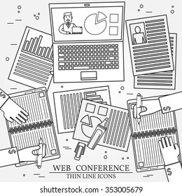 Wibinar, web conference concept icon thin line for web and mobile, modern minimalistic flat design. Vector dark grey icon on light grey background.