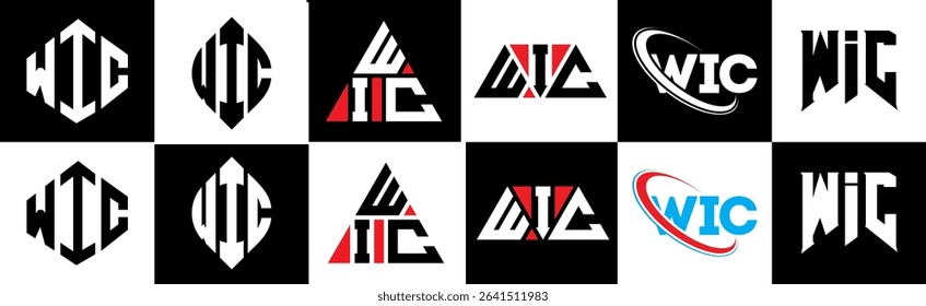 WIC letter logo design in six style. WIC polygon, circle, triangle, hexagon, flat and simple style with black and white color variation letter logo set in one artboard. WIC minimalist and classic logo