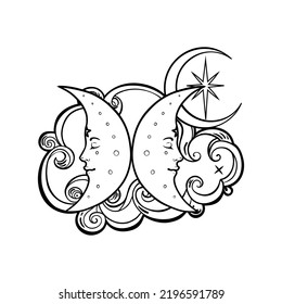 Wicca moon goddess symbol. isolated vector illustration.  Tattoo, astrology, alchemy, boho and magic symbol. Coloring book.
