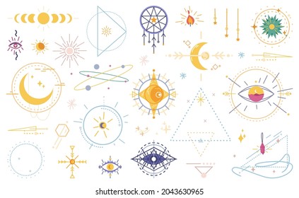 Wicca oculta magia brujería plana iconos de dibujos animados aislados. Signos mágicos vectoriales, ojo malvado, símbolos celestiales de la fase lunar. Amuletos místicos de piedra gemela, inspirados en el espíritu emotérico