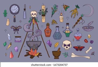 Wicca, pagan and herbal medicine collection. Isolated witchcraft elements set - cauldron, mirror, candles, ritual sickle. Magic, esoteric or occult symbols. Badges, stickers and print concept