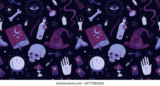 Wicca symbols, esoteric and occult signs vector seamless pattern. Human skull and bones, tarot cards, witch hat, magic book, poison, moth. Cartoon witchcraft, wizard and alchemical theme