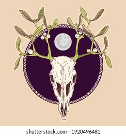 Wiccan Deer animal skull with mistletoe horns. Hand drawn vector deer skull and moon.