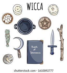 Wiccan doodles set. Collection of witchcraft magical items on altar for occult rituals. Hand drawn pagan elements collection. Occult altar symbols, cauldron, pentacle, athame, boline