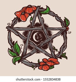 Wiccan element. Graphic pentagram with flowers and leaves. 