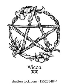 Wiccan element. Graphic pentagram with flowers and leaves. 