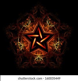 Wiccan fiery star, decorated with red pattern on black background.